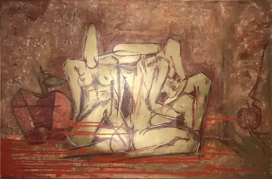 Eve and the Devil — acrylic on canvas painting by Yazan Orabi, 150 × 120 cm
