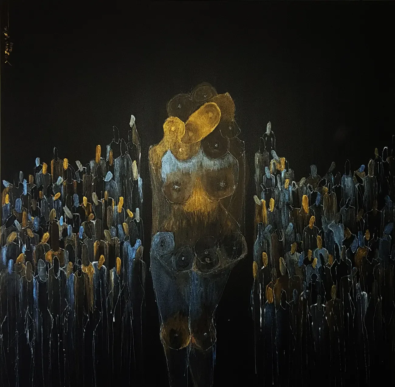 A Woman & 100 Men — acrylic on canvas painting by Yazan Orabi, 150 × 150 cm